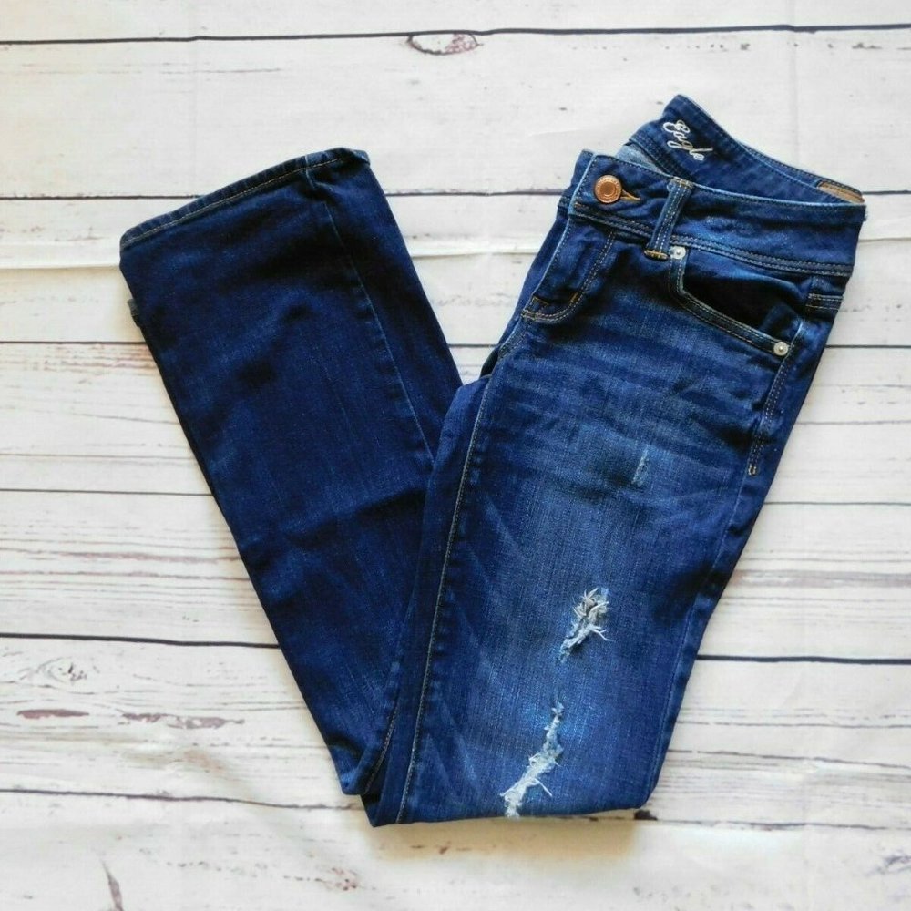 American Eagle Dark Wash Distressed Slim Boot Cut Jeans - Size 4